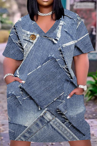 Light Blue Casual Street Vintage Print Make Old Pocket V Neck A Line Plus Size Dresses