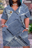 Blue Casual Street Vintage Print Make Old Pocket V Neck A Line Plus Size Dresses