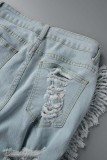 Light Blue Street Solid Make Old Patchwork High Waist Distressed Tassel Ripped Denim Shorts