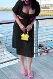 Black Casual Solid Hollowed Out Backless Square Collar One Step Skirt Short Sleeve Dress