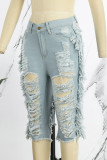 Light Blue Street Solid strappato crea vecchi pantaloncini di jeans a vita alta patchwork