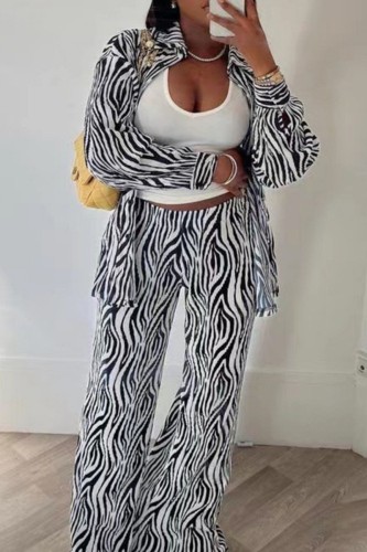 Black White Casual Print Basic Shirt Collar Long Sleeve Two Pieces
