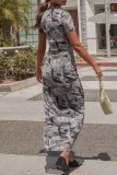 Vestido de manga corta con cuello en O básico con estampado informal gris Vestidos