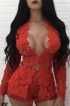 Red Sexy Street Solid Lace Hollowed Out Patchwork V Neck Two Pieces Embroidery Top And Short Set
