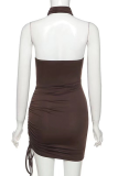Brown Sexy Street Solid Draw String Backless Halter One Step Jupe Robes
