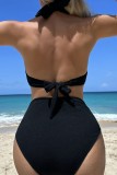 Roupa de banho preta sexy sem costas com bandagem sólida (com acolchoamento)