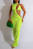 Fluorescent Green Sexy Solid Hollowed Out Patchwork Swimwears Cover Up(Three Pieces)