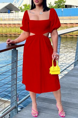 Red Casual Solid Hollowed Out Backless Square Collar One Step Skirt Short Sleeve Dress