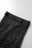 Zwarte sexy effen uitgeholde patchwork halter mouwloze twee stukken