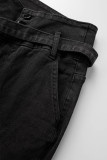Jeans jeans preto casual bandagem sólido patchwork cintura alta