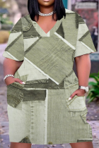 Lichtgroen Casual Street Vintage Print Make Old Pocket V-hals A-lijn Grote maten jurken