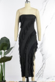 Черное сексуальное однотонное платье в стиле пэчворк с воланом и разрезом, асимметричное длинное платье без бретелек