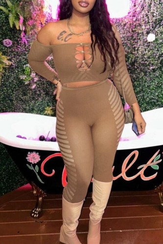 Brown Sexy Casual Solid Hollowed Out Backless Off the Shoulder Long Sleeve Two Pieces