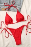 Red Sexy Solid Bandage Backless Swimwears (With Paddings)
