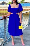 Black Casual Solid Hollowed Out Backless Square Collar One Step Skirt Short Sleeve Dress