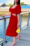 Black Casual Solid Hollowed Out Backless Square Collar One Step Skirt Short Sleeve Dress
