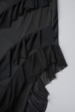 Schwarz Sexy Solid Patchwork Volant Schlitz Asymmetrische Trägerlose Lange Kleider