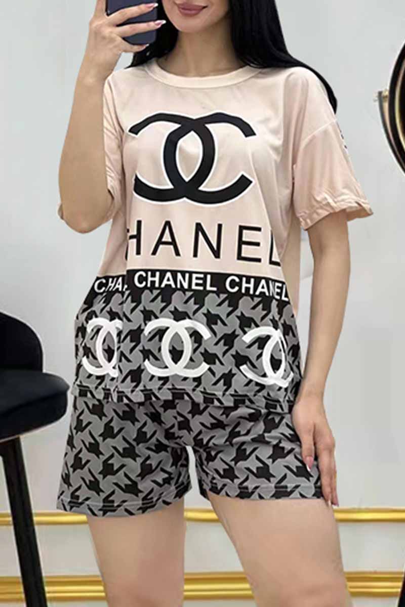 

Black Casual Living Character Print Letter O Neck Short Sleeve Two Pieces