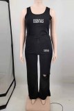 Black Casual Print Ripped Letter U Neck Sleeveless Two Pieces