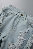 Hellblaue Street Solid Ripped Make Old Patchwork Jeansshorts mit hoher Taille