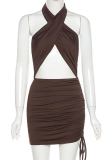 Brown Sexy Street Solid Draw String Backless Halter One Step Skirt Dresses