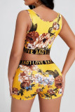 Black Sexy Print Patchwork U Neck Sleeveless Two Pieces