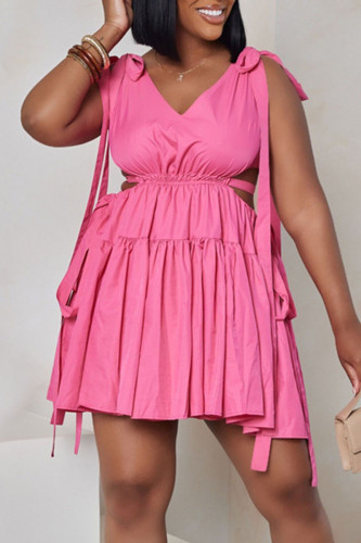 Pink Sweet Solid Bandage Patchwork Backless Fold V Neck A Line Dresses