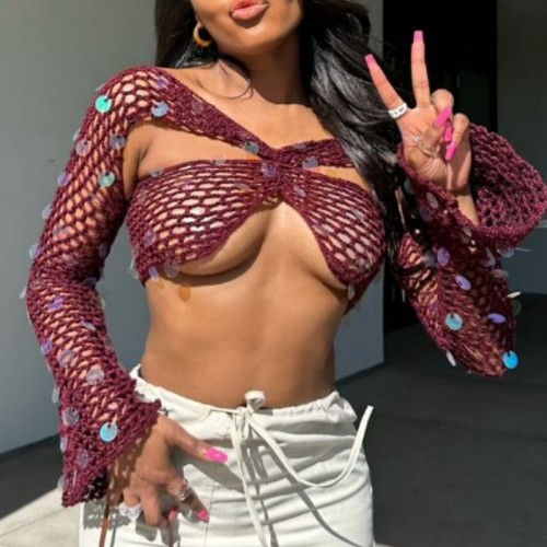 Burgundy Sexy Solid Hollowed Out Sequins V Neck Tops