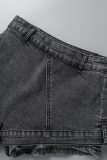 Black Street Solid Patchwork Asymmetrical High Waist Regular Spliced Pocket Skinny Denim Mini Skirts