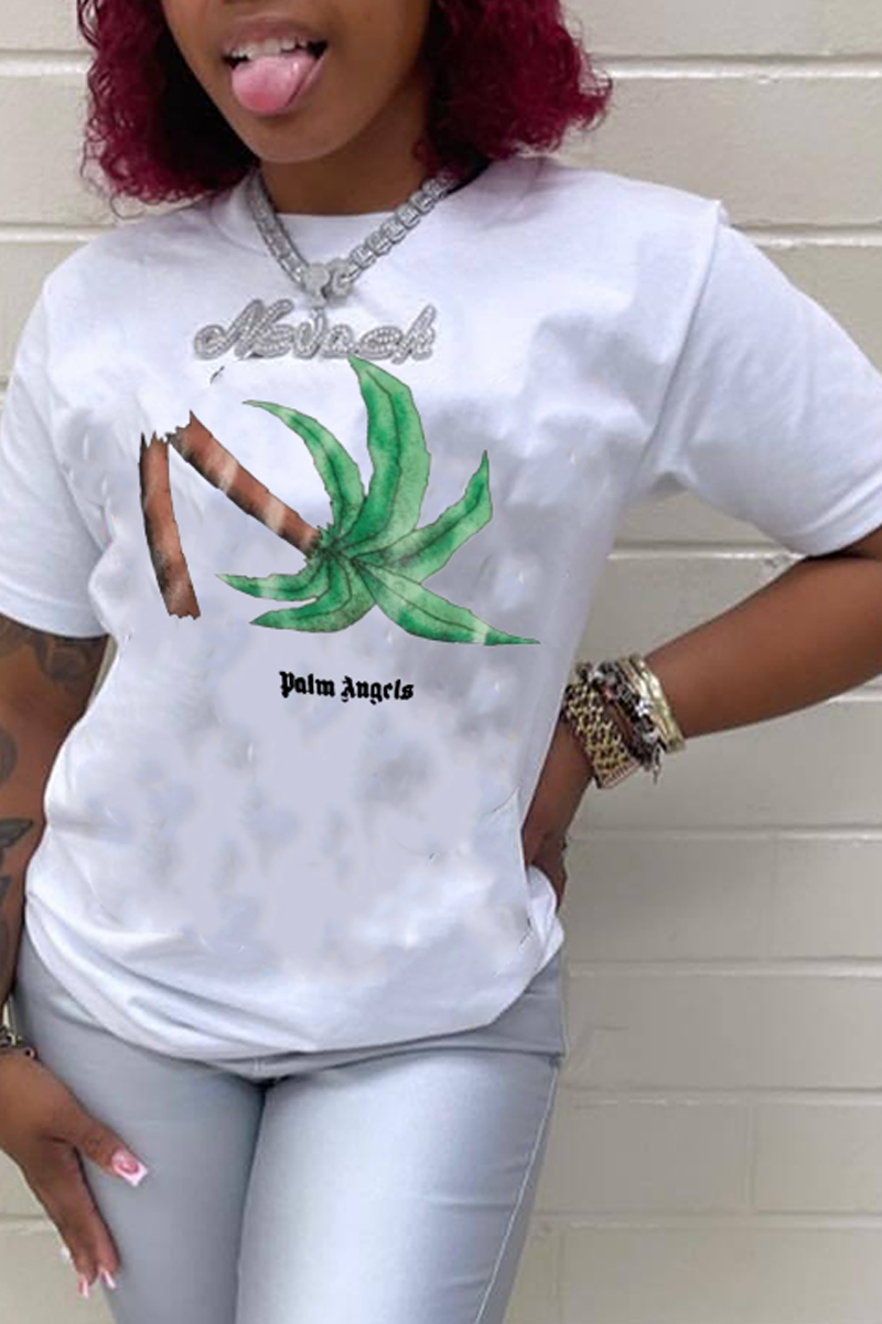 

White Casual Street Print Patchwork Letter O Neck T-Shirts