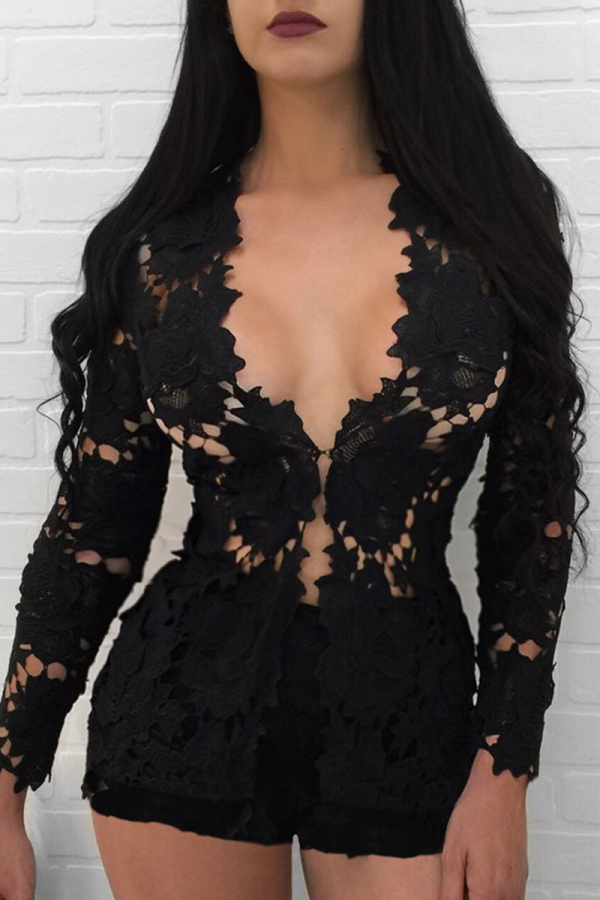 Black Sexy Street Solid Lace Hollowed Out Patchwork V Neck Two Pieces Embroidery Top And Short Set