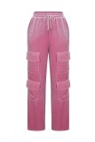 Pantalones de color sólido convencional de cintura alta regular patchwork sólido casual rosa