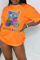 Camisetas con cuello en O de letras de patchwork con estampado diario casual naranja
