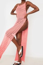 Розовое сексуальное сплошное выдолбленное прозрачное пляжное платье с разрезом и круглым вырезом Платья