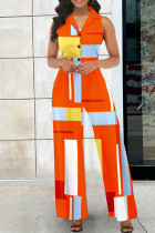 Oranje casual geometrische print patchwork gesp turndown kraag rechte jumpsuits