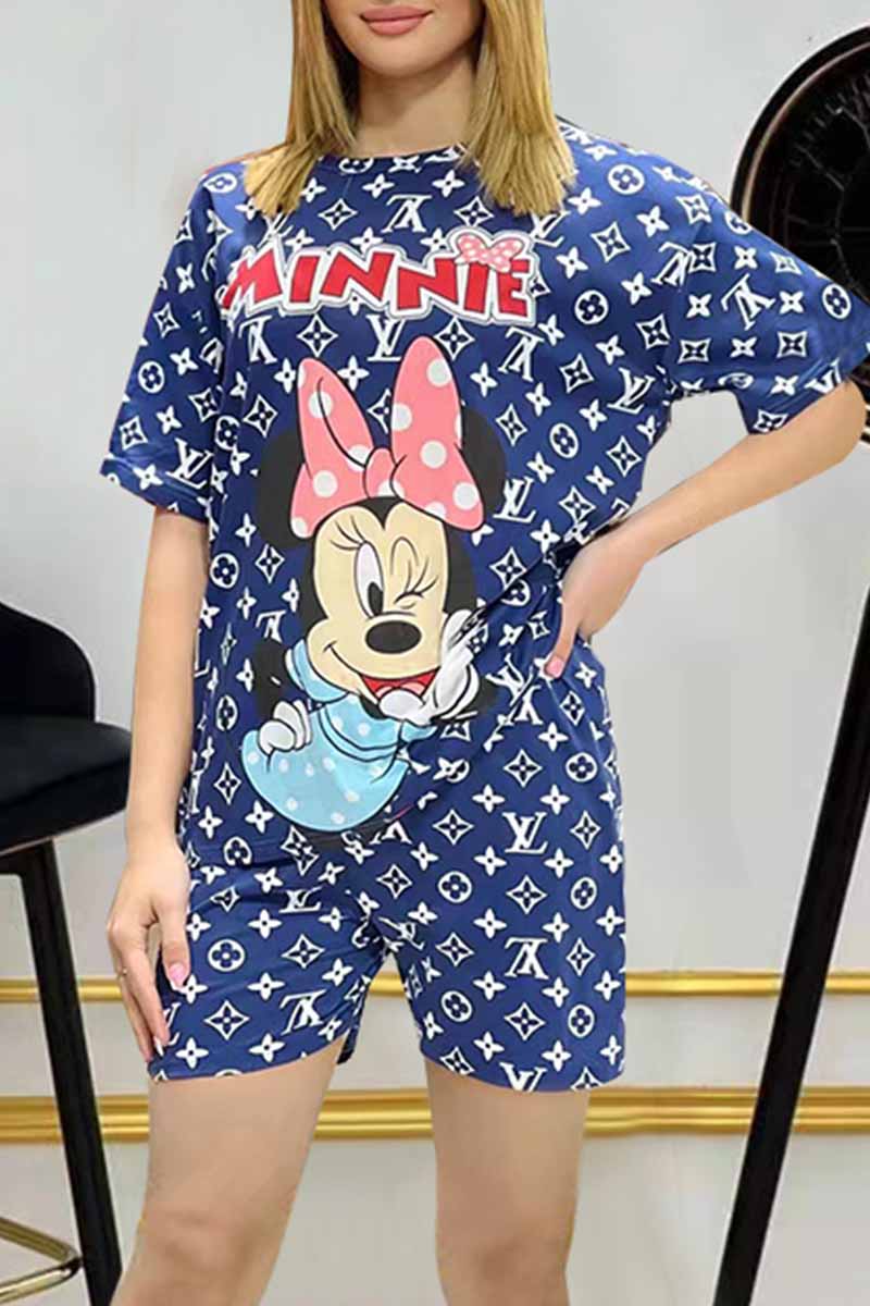 

Blue Casual Living Character Print Letter O Neck Short Sleeve Two Pieces