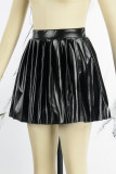 Black Street Solid Patchwork Fold High Waist Type A Solid Color Bottoms