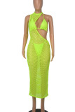 Fluorescent Green Sexy Solid Hollowed Out Patchwork Swimwears Cover Up(Three Pieces)