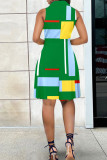 Groen casual print patchwork knopen kraag A-lijn jurken