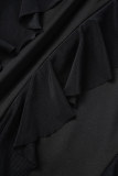 Robe Longue Asymétrique Sans Bretelles Fente À Volants Patchwork Solide Noir Sexy