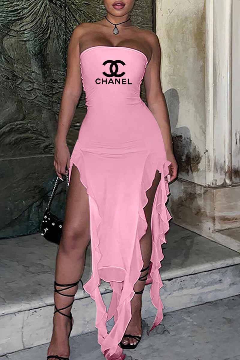 

Pink Sexy Print Slit Letter Strapless Irregular Dress Dresses