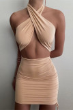 Brown Sexy Street Solid Draw String Backless Halter One Step Skirt Abiti