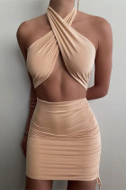Khaki Sexy Street Solid Draw String Backless Halter One Step Skirt Dresses