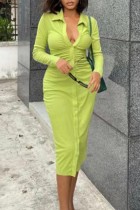 Vestidos de manga larga con cuello vuelto y pliegues sólidos informales de color verde claro