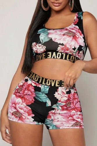 Black Sexy Print Patchwork U Neck Sleeveless Two Pieces