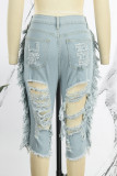 Pantalones cortos de mezclilla de cintura alta de color azul claro rasgados sólidos de Make Old Patchwork