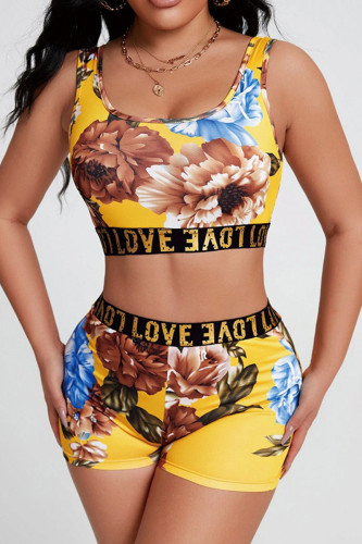 Yellow Sexy Print Patchwork U Neck Sleeveless Two Pieces
