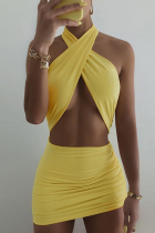 Yellow Sexy Street Solid Draw String Backless Halter One Step Skirt Dresses