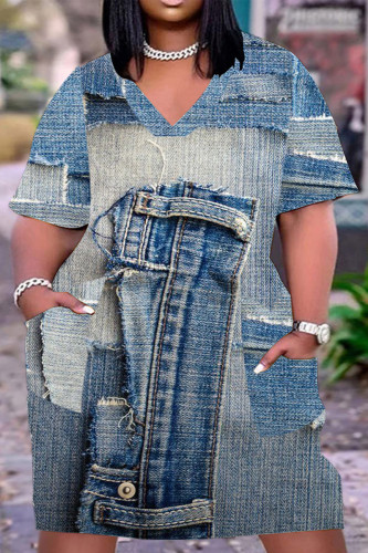 The cowboy blue Casual Street Vintage Print Make Old Pocket V Neck A Line Plus Size Dresses