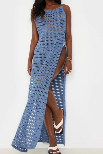 Blue Sexy Solid Hollowed Out See-through Slit O Neck Beach Dress Dresses